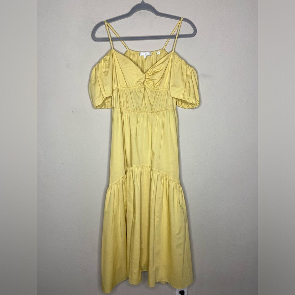 Vince Draped Midi Yellow Dress Cold-Shoulder Tiered Size 0 - Picture 14 of 16
